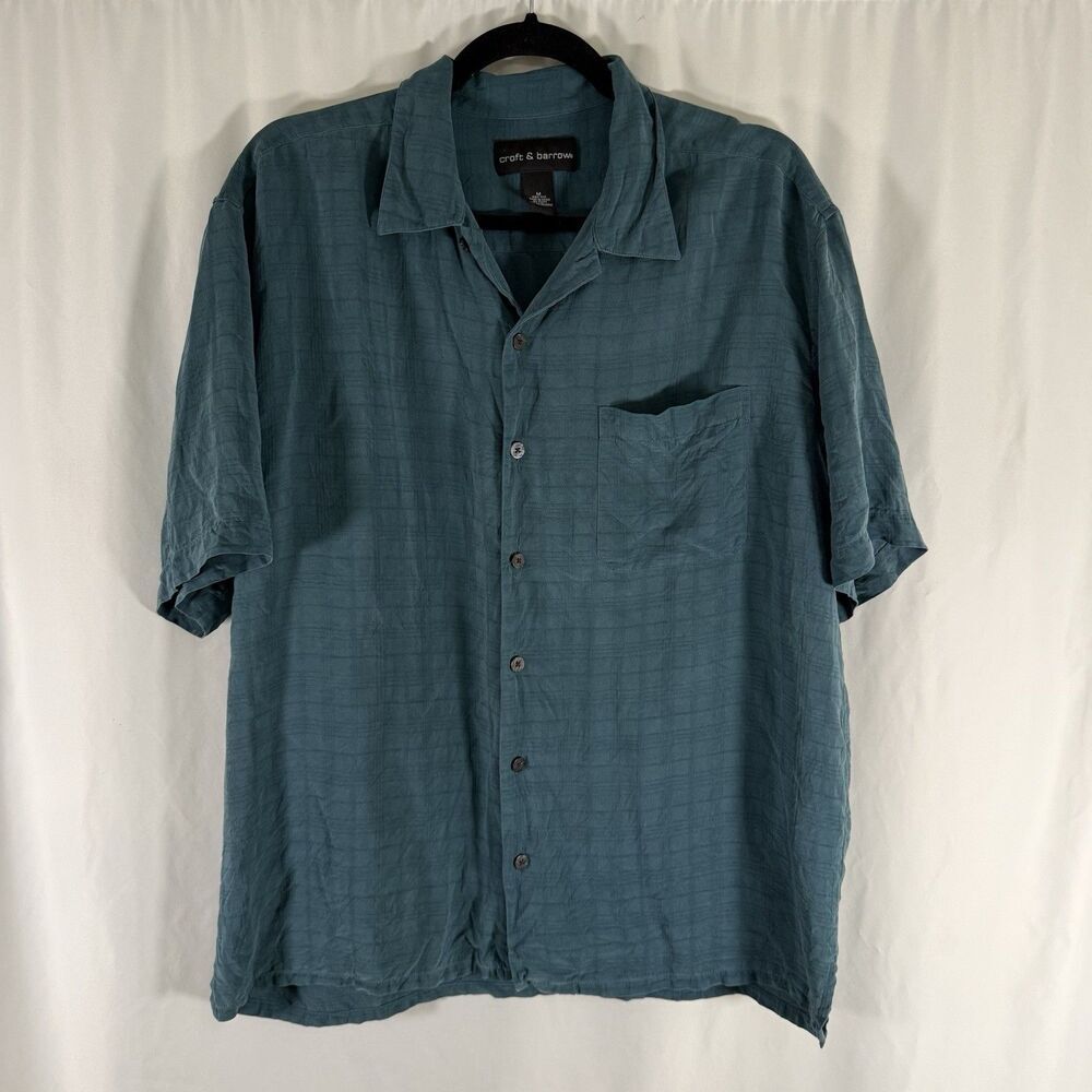 Croft & Barrow 100% Silk Shirt Men's Medium Green SHort Sleeve Button Up Plaid